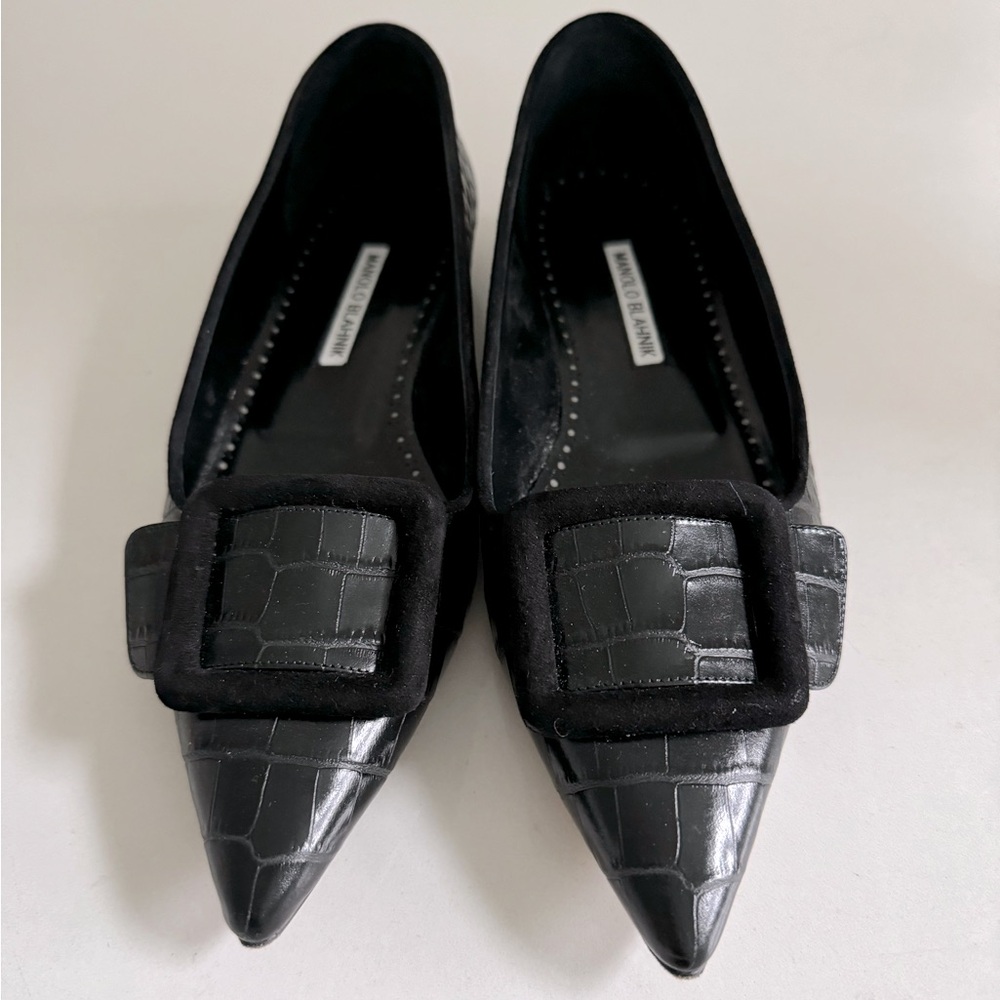 Manolo Blahnik Black Flats with Textured Buckle Design